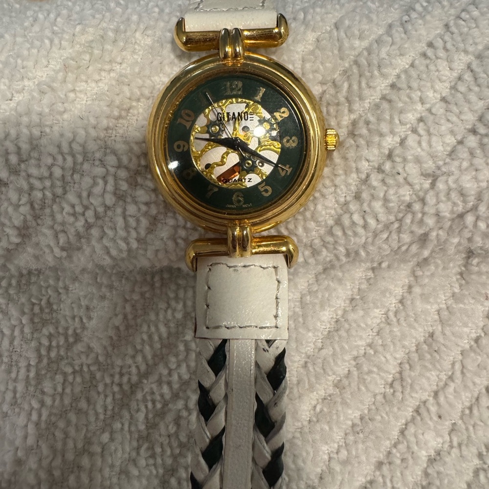 Gitano Gold-Tone Skeleton Watch with White Braided Strap and Green Dial